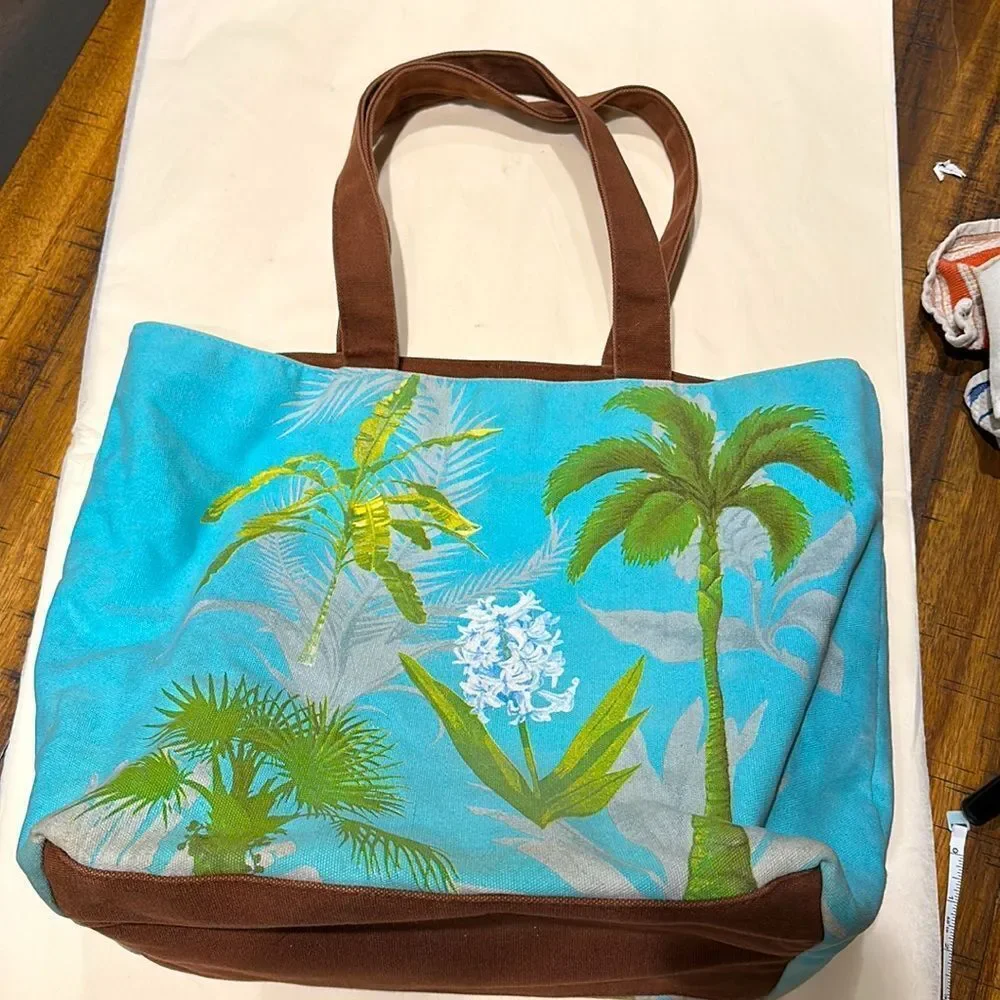 Bath and Body Works Vintage Y2K Palm Floral Print Canvas Tote Green & Blue